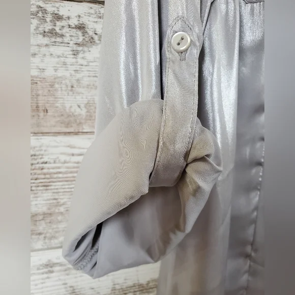 Y2K Notations Metallic Silver Shimmer Button-Front Blouse with Roll-Tab Sleeves - Picture 7 of 15